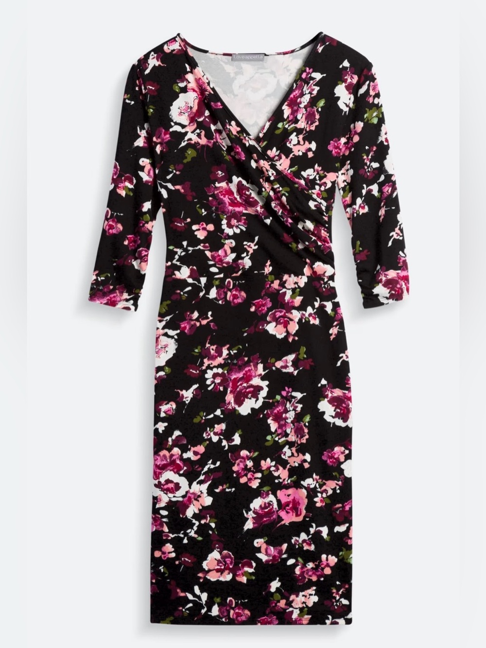Loveappella Black Floral Wrap Midi Dress with Pink & White Blooms